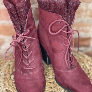 Burgundy Heeled Suede boots. Size 9.